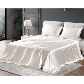 Satin Sheets Twin Size（3pieces, Ivory White） for Kids Super Soft Silky Satin Bed Sheets Set with 1 Deep Pockets Fitted Sheet, 1 Flat Sheet, 1 Pillowcase（Ivory White，Twin）