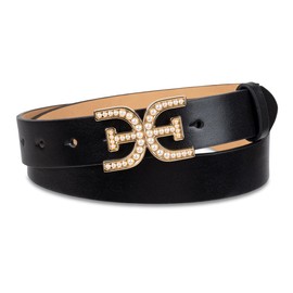 Sam Edelman Women's Pearl Embellished Double-e Logo Plaque Buckle Belt, Black, X-Large
