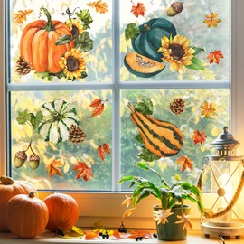 Yovkky Fall Pumpkin Gourds Sunflowers Window Clings 9 Sheets, Autumn Wheelbarrow Maple Oak Leaves Stickers Decal Decor, Harvest Thanksgiving Pine Cones Acorns Home Kitchen Decorations