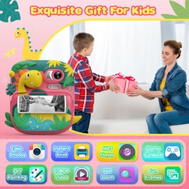 Children's Camera Instant Camera, CAMCLID 2.4 Inch Digital Camera, Children's Dinosaur Instant Camera with 32G Card and 3 Rolls of Printing Paper, Gifts for Boys and Girls 3-12 Years (Pink)