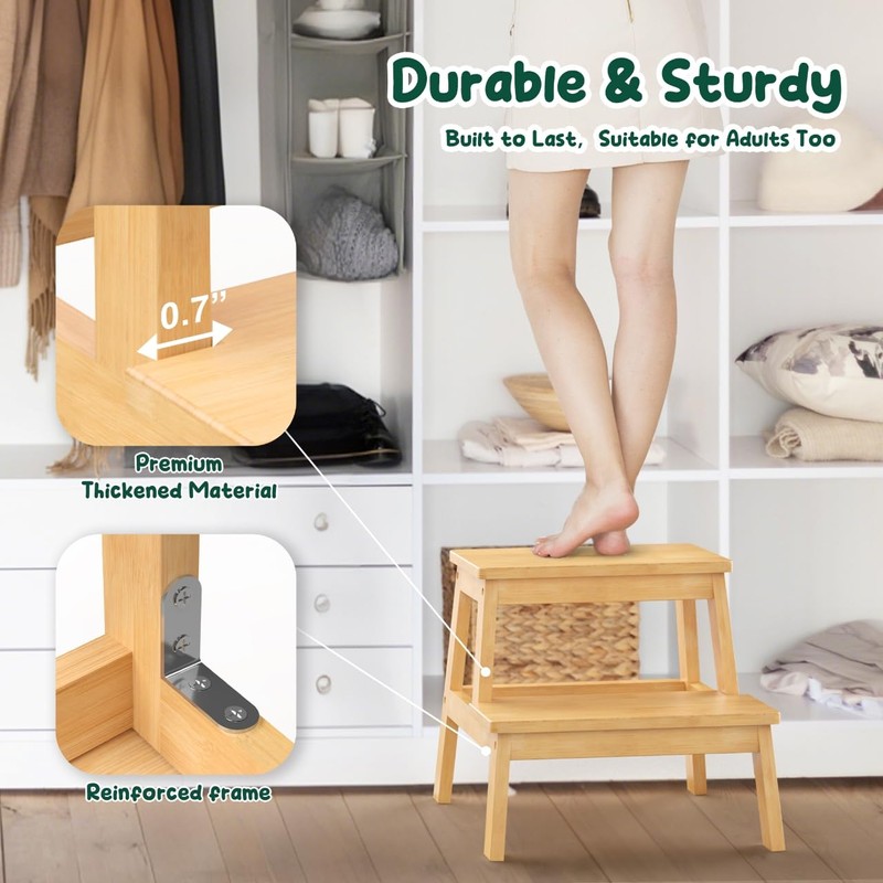 BEKVEM Bamboo 2 Step Stool for Kids & Adults, Wooden