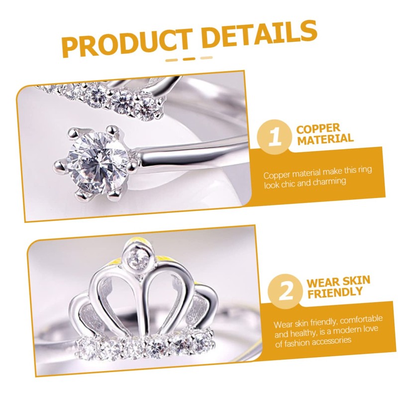 BESPORTBLE Adjustable Copper Crown Ring with Rhinestones Elegant Open Ring