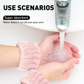 2 Pcs Soft Microfiber Wrist Bands for Washing Face, Absorbent Towel Scrunchies, Towel Bands，Prevent Liquid Spills, Reusable Face Washing Accessories for Women(Pink)