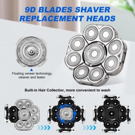 9 Blades Head Shaver Men's Electric 9D Shaver Replacement Heads Universal Replacement Blade Head Electric Razor for men,2 Pack
