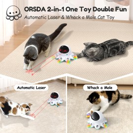 ORSDA Cat Laser Toy, 2-in-1 Interactive Automatic Motion Activated Moving 8 Holes Whack A Mole Feather, USB Rechargeable Electronic Smart Sensor Kitten Toys for Indoor Exercise