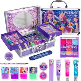 Maquillaje para Niñas de Las Guerreras KPOP, Estuche con Espejo, Sombras, Brillos Labiales, Esmaltes, Brillo Corporal, Lima y Brocha, Set de Cosméticos Infantiles Seguro y Divertido
