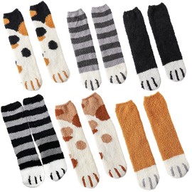 Cute Cat Paw Socks,Fleece Winter Furry Socks Cat Printed Calf Sockfor Women Teens (6 Pairs Cat)