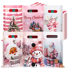 Sinmoe 200 Pcs Plastic Christmas Bags Bulk Christmas Merchandise Gift Bag with Handle 9" x 12" Reusable Xmas Goodie Treat Pouch for Candy Retail Shopping Business Party(Pink,Fresh)