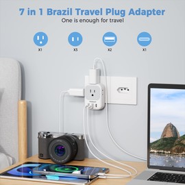 TESSAN Adaptador Brasil Viaje, Universal Brasileño Enchufe de Corriente con 3 USB (1 USB C), Cargador Tipo C con 4 Salidas CA, Travel Essentials Adapter Americano/México a Brasileña