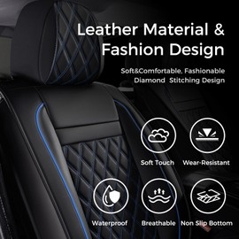 Huidasource Front Car Seat Covers, Leather Car Seat Cushion, Automotive Car Seat Cover Protector Universal Fit Front Seat, Airbag Compatible, for Most Cars,Vans,Trucks, SUVs (Front Pair/Black&Blue)