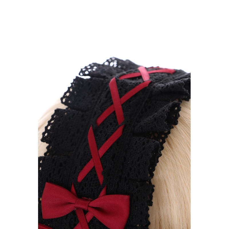 C-07-3 Black Red Maid Lolita Headband with Bow Gothic Hair