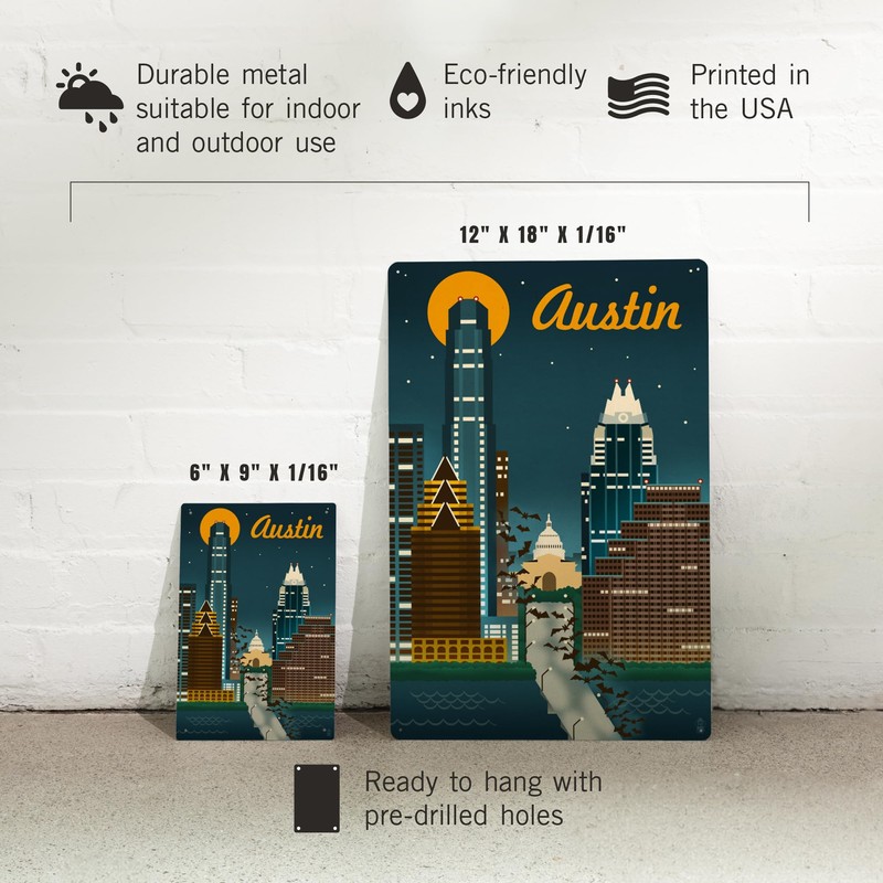 Lantern Press 12x18 Inch Metal Sign, Austin, Texas, Retro Skyline