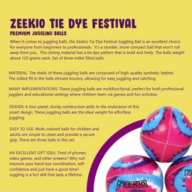 Zeekio Tie Dye Festival Juggling Balls - [Set of 3] 6-Panel Balls, Millet Field, 120g Each, Rainbow Burst
