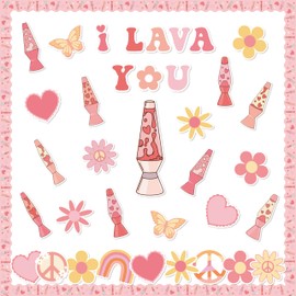 CPicdn 115Pcs Valentine’s Day Lava Lamp Bulletin Board Classroom Decorations Retro Groovy Flower Heart Cutouts Name Tag Lava Lamp Border Trim Chalkboard Wall Decor for School Valentines Party Supplies