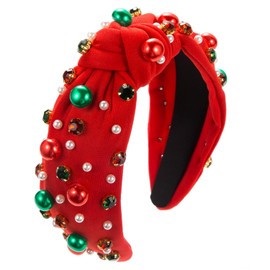 Dzrige Christmas Headband with Rhinestones and Pearls, Knotted Wide Top Knot Hair Accessories Fashion Xmas Headwear for Christmas Eve Party Birthday Carnival Party Props Decoration (Red)