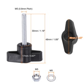 sourcing map 8pcs Tee Wing Knobs M5 x 30mm Metric Thread 36mm Z/T Head Plastic Handles Thumb Screws Hand Clamping Threaded Stud Knob Grip Thumbscrew with Nuts Washers, Black