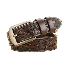 PACDE Western Leaves Carved Genine Leather Men Belt Cowskin Jeans Emboss Belt for Mens(ML4020Coffee,for40-41" waist size)