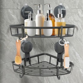 GQIRIL Corner Shower Caddy Shelves - 2PCS Suction Cup Shower Organizer Shelf with 4 Hooks, No Drilling Rustproof Bathroom Caddies Storage, Adhesive Stainless Steel Wall Hanging Rack for Toilet Kitchen