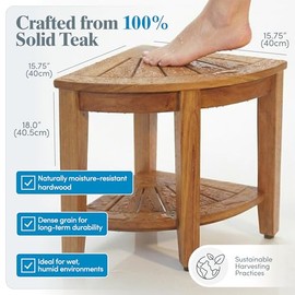 AquaTeak The Original 15.5" Kai Corner Teak Shower Bench - Shower Stool with Storage Shelf for Bathroom - Durable Water Resistant Shower Chair - Shaving Foot Rest - Indoor & Outdoor Use