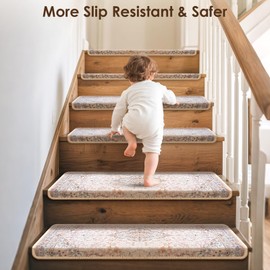 Brakki Bullnose Stair Treads for Wooden Steps, Non Slip Stair Carpet for Indoor Runner and Pets, Soft Edging Staircase Protectors Reusable, Washable, 29.5"x9.5"x1.5" 14pcs, Beige Pink