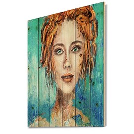 DesignQ A Woman Face With Green Eyes & Red Hair Modern & Contemporary Wood Wall Decor, Blue Wood Wall Art, Large Abstract Wood Wall Panels Printed On Natural Pine Wood Art