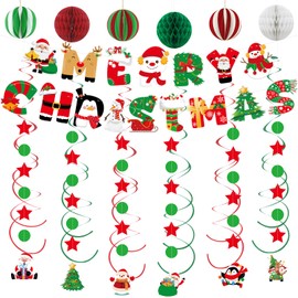 SHERONV Christmas Party Decorations, Merry Christmas Banner, Red Green Honeycomb Balls, Stars Circle Dots with Santa Snowman Christmas Tree Sign Hanging Decors for Winter Holiday Xmas Party Events