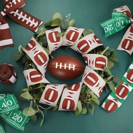 28 Yard 4 Rolls 2.5 Inch Football Wired Edge Ribbon Sport Ball Wired Edge Homecoming Ribbon Fabric Burlap Natural Wrapping Decor for Present Wrapping Gift DIY Craft