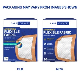 Care Science Fabric Adhesive Pad Bandages, 3x4 inches Extra Large Flexible Non-Stick Strip, Helps Prevent Infection, Breathable Protection, for First Aid & Wound Care, 30 Count