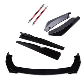 KEEPDSGN Front Bumper Lip Universal Spoiler for Car (Original Sharp Corner，Black) + Adjustable 8"-11" Support Rod (Red) + 29.3" Side Skirt (Black) + Rear Canard Diffuser(Black)
