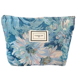 Makeup Bag for Women,Large Floral Canvas Cosmetic Bags Travel Toiletry Bag Organizer Zipper Storage Pouch,Blue Chrysanthemum