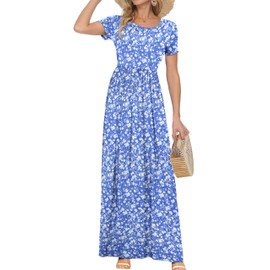 AUSELILY Women's Short Sleeve Loose Plain Casual Long Maxi Dresses for Women 2025 Floral Blue White M