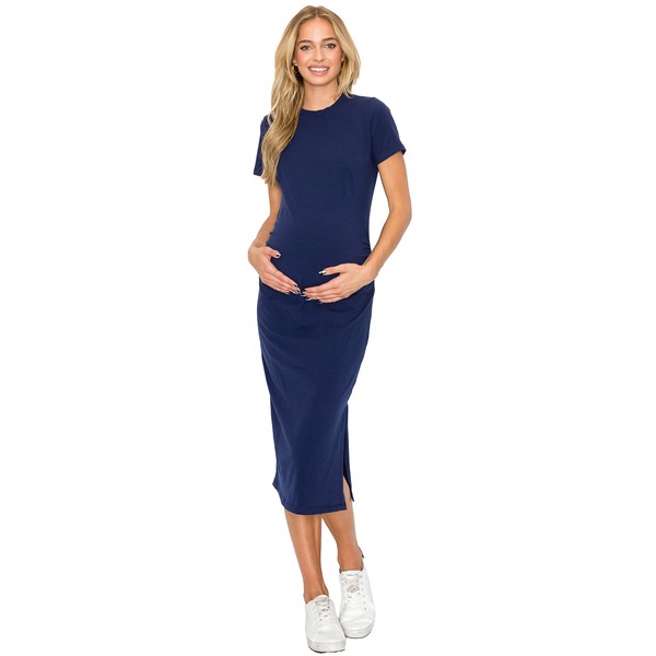 My Bump Vestido básico casual de algodón para embarazo con abertura para todas las ocasiones (fabricado en Estados Unidos), Azul Marino, S