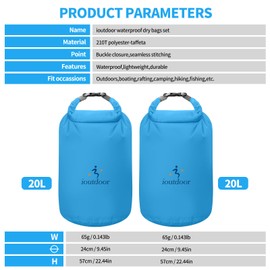 ioutdoor Dry Bag Set,2L/5L/10L/20L Waterproof Dry Bags Lightweight Dry Sacks Set Waterproof Canoe Bags for Rafting Hiking Camping Travel Fishing Boating(Blue 20L+20L)