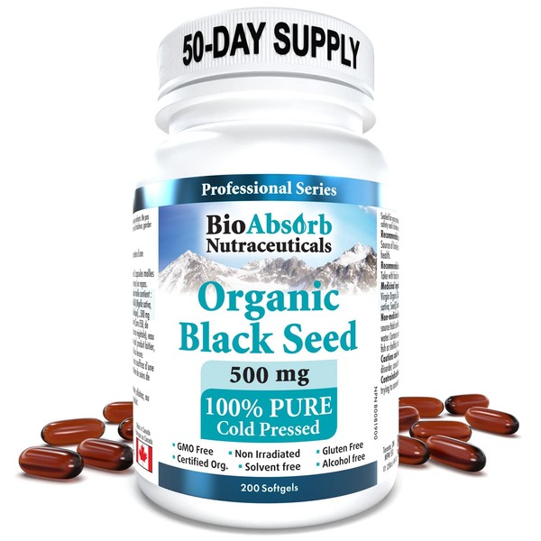 Bio Absorb Black Seed Oil Organic Cold Pressed Capsules. 200 softgels, 500mg (50-Day Supply). No Aftertaste.