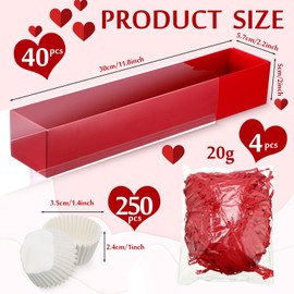 Cholemy 40 Sets Valentine's Day Chocolate Strawberries Boxes with Clear Window 250 Pcs Paper Food Trays 4 Bags Raffia Bakery Macaron Boxes Disposable Serving Trays Gifts 12 x 2.2 x 2 Inches(Red)