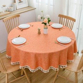 SPRICA Round Tablecloth, Cotton Linen Tassel Table Cover for Kitchen Dinner Table, Decorative Solid Color Table Desk Cover, Suit for Round 20-44" Table, with Tassel Diameter 60inch/150cm, Orange Red