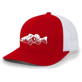 Heritage Pride Freshwater Fish Forest Mountain Scenic Largemouth Bass Mens Embroidered Mesh Back Trucker Hat, Red/White