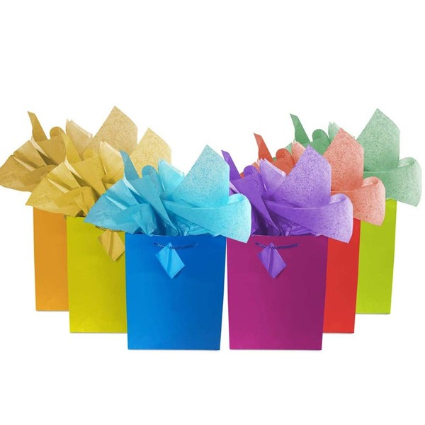 Adorox 12 Assorted (14.5" H x 11.5" L x 5.5" W) + 24 Tissue (20" x 26") Bright Neon Colored Party Present Paper Gift Bags Birthday Wedding All Occasion