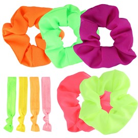 5 PCS Neon Scrunchies for Hair 80s, Neon 80s Hair Accessories for Women, Pink, Orange, Purple, Green Scrunchies, with 4 Hair Ties Suitable for Ladies Party