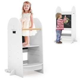 Costzon Toddler Tower, Adjustable Kids Kitchen Step Stool with Double-Sided Chalkboard, Safety Guardrail, Toddler Kitchen Stool Helper for Kitchen Counter, Bathroom Sink, White
