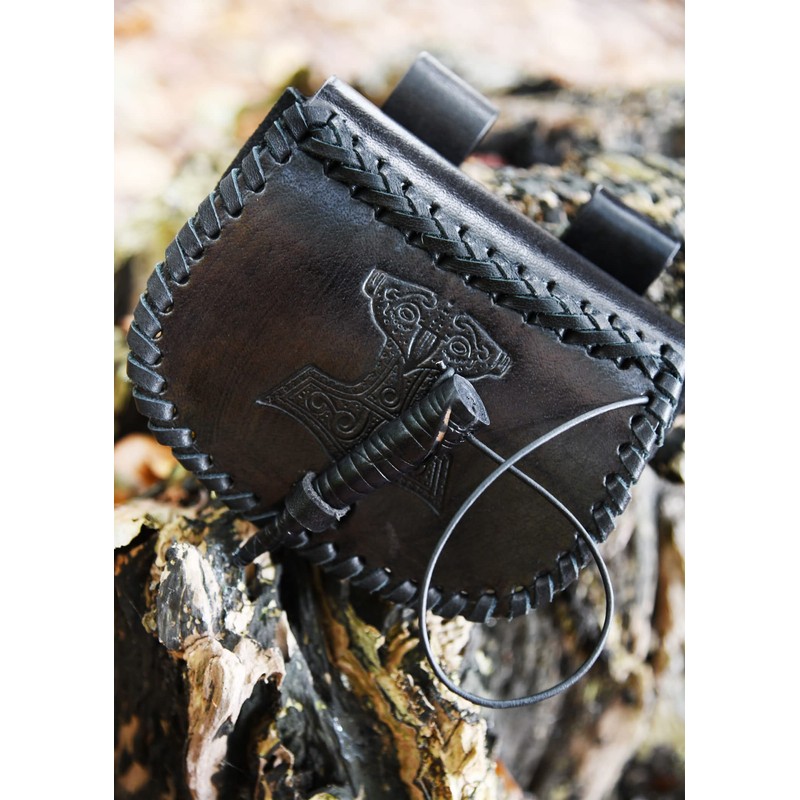 Battle-Merchant Small Medieval Belt Bag with Thor's Hammer Embossed Leather