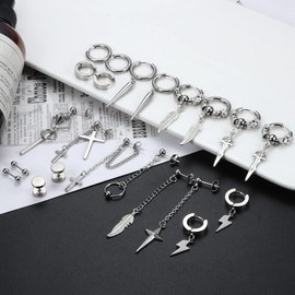 JeryWe 22Pcs Dangle Earrings for Men Stainless Steel Hinged Hoop Earrings Long Chain Stud Cross Dangle Earrings Set Kpop Earrings for Mens (White)