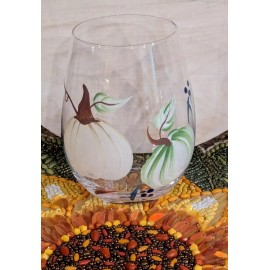 Unbranded Fall Harvest White Green PUMPKINS Hand Painted Stemless Wine Glass New