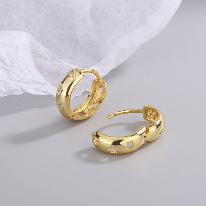 CZ Star Chunky Hoop Earrings 925 Sterling Silver for Women