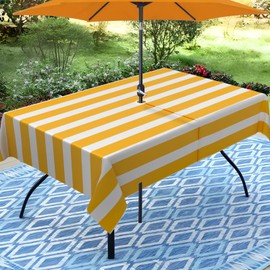 bnhjsdw Yellow Strip Print Outdoor Tablecloth with Umbrella Hole for Rectangle Table, Waterproof Yellow Patio Table Cloth with Zipper - 60 x 84 inches