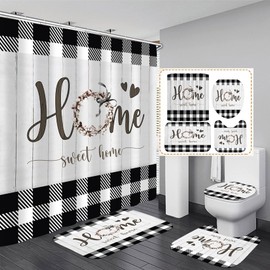 FZDHHY Black and White Shower Curtain Set Home Sweet Home Bathroom Sets with Rugs,Rustic Plaid Bathroom Shower Curtain Set with Carpet Bath Mat Toilet Rugs