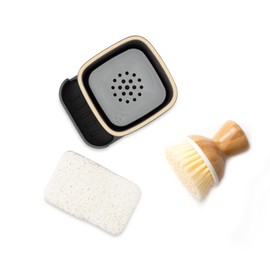 Full Circle Bubble Up Combo—Family Safe, Formaldehyde-Free-Gray Ceramic Soap Dish with Plant-Based Sponge & Bamboo Dish Brush-Versatile Kitchen Scrub Brush Set for Pots, Pans,Counter & Sink,Gray