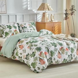 Lekesky Bed Linen 200 x 200 cm 3-Piece Duvet Cover - Bed Linen Sets Green 200 x 200 cm with 2 Pillowcases with Zip 80 x 80 cm, Soft and Non-Iron Maple Leaf Pattern Design with Zip
