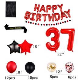 Red 37TH Birthday Party Decorations Supplies Red theme 16inch Red Foil Happy Birthday Balloons Banner Happy Birthday sash Foil Black Curtains Foil Balloons Number Red 37 Risehy