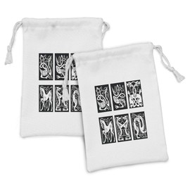 Ambesonne Celtic Fabric Pouch Set of 2, Abstract Animal Ornament Pattern in Tribal Style for Tattoo and Culture Design, Small Drawstring Bag for Toiletries Masks and Favors, 9" x 6", Black and White